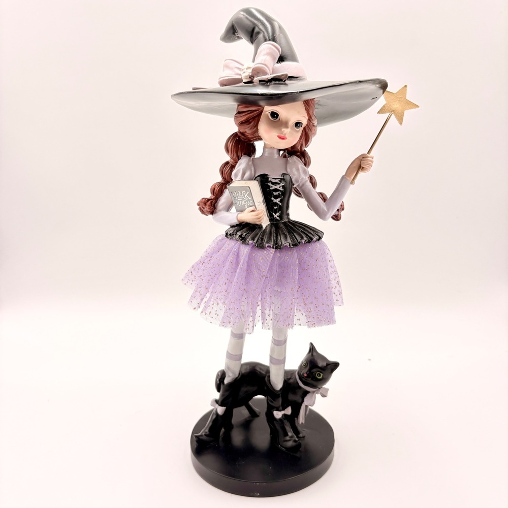 Whimsical Witch Figurine Black Cat Black Magic Book Star Wand Halloween Decor